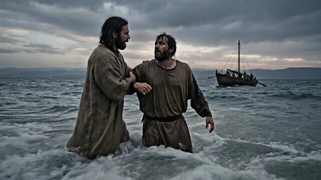 Biblical Scene of Jesus Christ Grabbing Hand of Apostle Peter Sinking in Stormy Sea of Galilee near Boat Depicting Walking on Water Miracle and Faith Concept