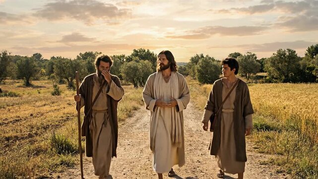 Biblical Scene of Risen Jesus Christ Walking on Dirt Road between Two Disciples Talking about Scriptures Depicting Road to Emmaus Story in New Testament History