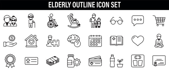 Elderly Outline Icons Set, Senior Care Icon Pack Clipart, Old Age Vector Illustration, Retirement Home Line Icons Design, Elder Health Bundle Download, Senior Citizen Icon Pack, Elderly Care UI Icons
