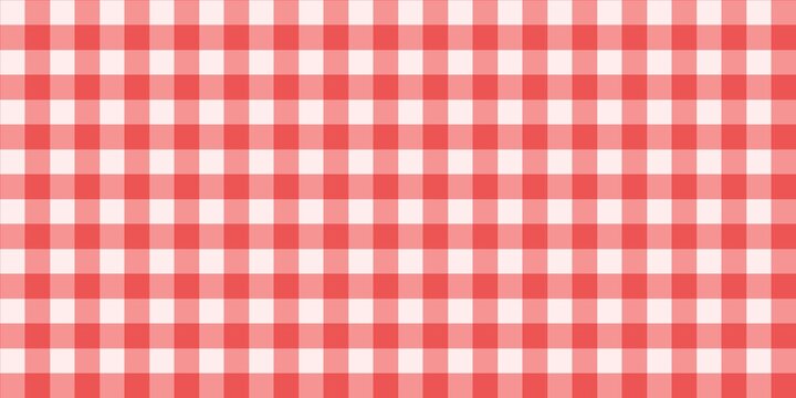 Red gingham plaid pattern background. Seamless checkered fabric texture, classic picnic tablecloth style, cottage illustration.