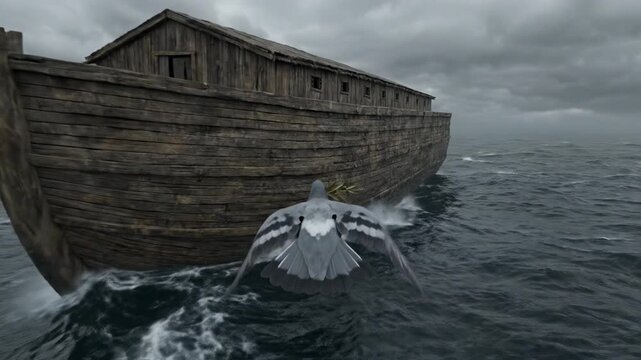Biblical Scene of Dove Flying over Dark Ocean Waters towards Large Wooden Noah Ark Boat Depicting Great Flood and Hope History Concept in Genesis