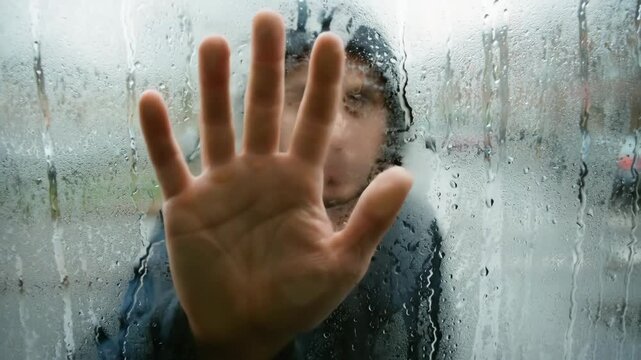 Individual in dark hoodie presses hand against foggy glass, revealing a gradual transition from clarity to obscurity as rain creates a textured backdrop in an urban setting