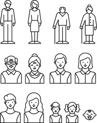 Line art icons of people representing different generations and age groups