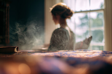 Fototapeta premium Woman steams a tablecloth while listening to an audio guide during a historical tour in a bright room with sunlight filtering through windows