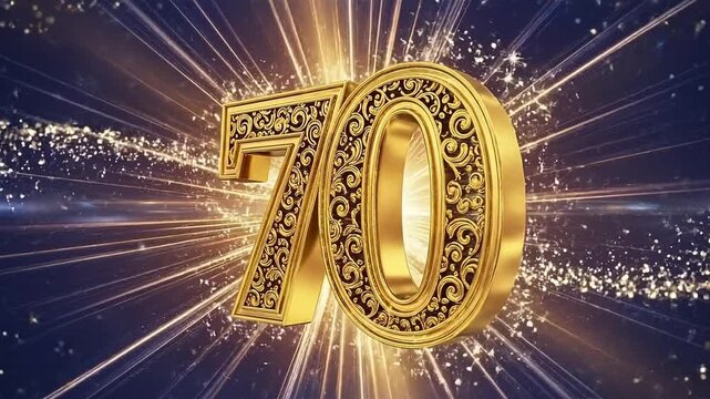 Golden 70 Glitter Number with Light Rays &ndash; Celebration Anniversary Background