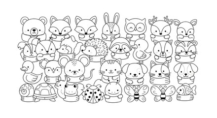 Fototapeta premium A clean grid of various animal faces in black and white outline. Designed for children's coloring books, educational flashcards, and simple icons.