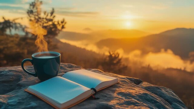 Steaming coffee and open notebook resting on rock at scenic sunrise over misty valley