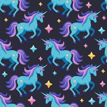 Cute blue running unicorn horse with colorful mane and stars on black background. Vector seamless pattern.