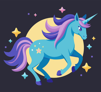 Cute blue running unicorn horse with colorful mane on night sky background, vector illustration
