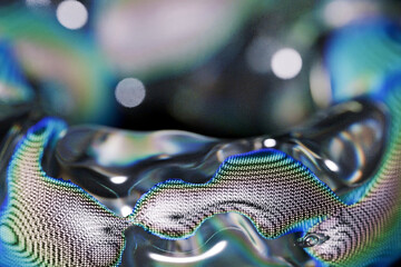 stunning macro shot of organic, fluid glass shapes. Iridescent light and chromatic aberration create a futuristic, liquid-metal effect against a deep dark background