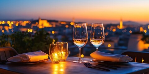 Obraz premium Fancy restaurant table outdoors romantic glasses.