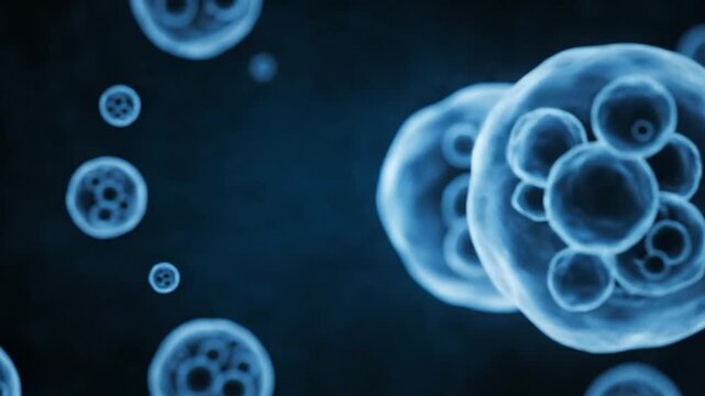 Microscopic view of biological cells floating in blue fluid under microscope cinematic motion footage background