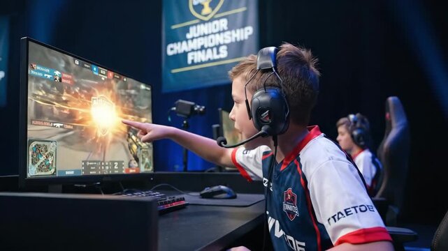 Young male gamer in headset reacts during Junior Championship Finals, pointing at the screen while playing, with fellow competitors visible in the background