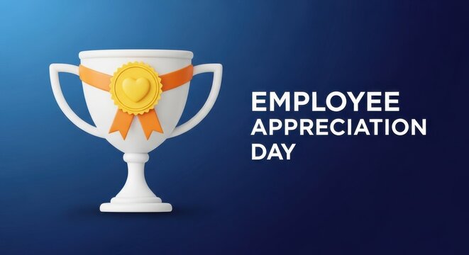 White trophy with orange ribbon and gold medal for Employee Appreciation Day concept for recognition and success isolated on blue gradient background