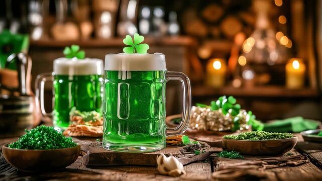 Two mugs of green beer celebrating saint patrick's day with shamrock decoration