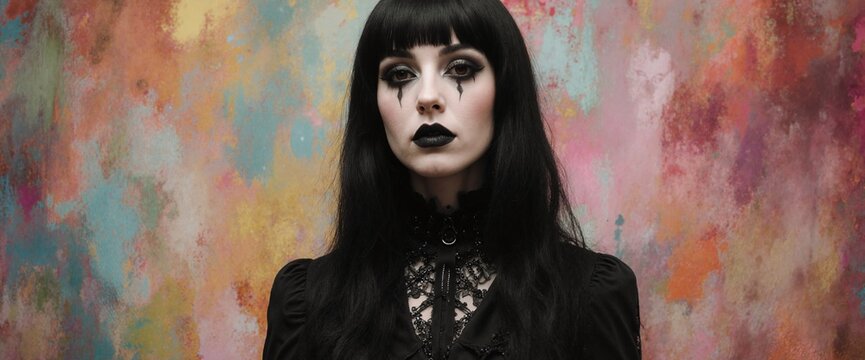 Woman in black gothic clothing poses in front of colorful background