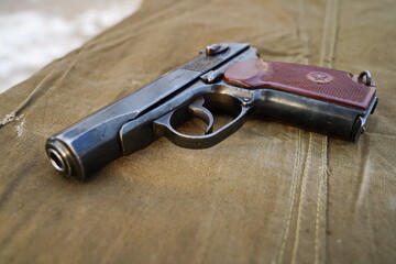 Naklejka premium Almaty, Kazakhstan - 01.20.2026 : Makarov's pistol. Adopted by the army and law enforcement agencies of Kazakhstan.