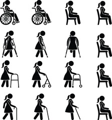 Collection of female figures with mobility aids and seated poses