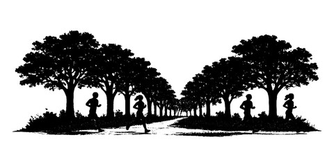 Running People Silhouettes in Nature Landscape. Black silhouettes of people running and jogging in natural landscape with trees. Outdoor fitness, healthy lifestyle and active sport concept. 