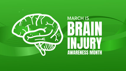 Brain injury awareness month banner with white human brain on green wavy background, vector illustration