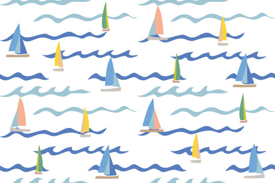Colorful sailing ships,wind surf,blue sea waves seamless pattern.Nautical vector Illustration background. Abstract ocean wave background.Mediterranean tropical summer abstract background.Hand drawn.