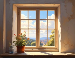 Window View with Flower Pot - A Serene Landscape Painting.