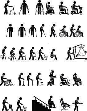 Pictograms illustrating disabled people using various mobility aids and assistive devices