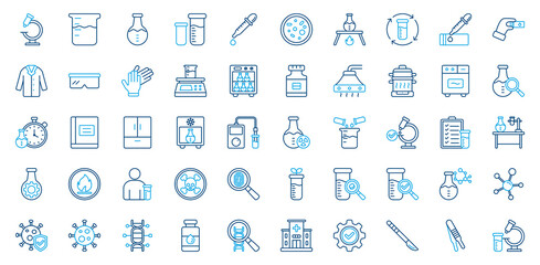 Obraz premium Laboratory icon set. Containing microscope, test tube, flask, pipette, centrifuge, sample, lab coat, goggles, chemical, experiment, research icon. Outline color style