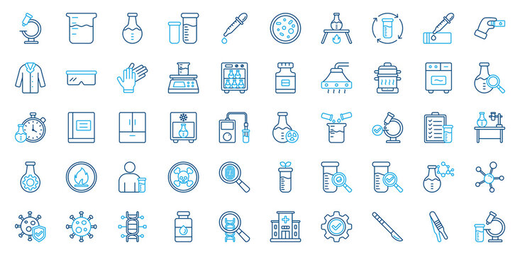 Laboratory icon set. Containing microscope, test tube, flask, pipette, centrifuge, sample, lab coat, goggles, chemical, experiment, research icon. Outline color style