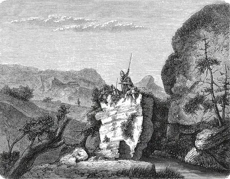Ancient Achaean landscape with old stone wall, mountainous terrain and scattered warriors, old vintage illustration, 1880.