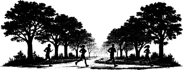 Running People Silhouettes in Nature Landscape. Black silhouettes of people running and jogging in natural landscape with trees. Outdoor fitness, healthy lifestyle and active sport concept. 