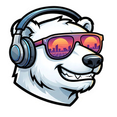 Cool Cartoon Polar Bear Head Wearing Headphones and Sunglasses with Sunset City Reflection