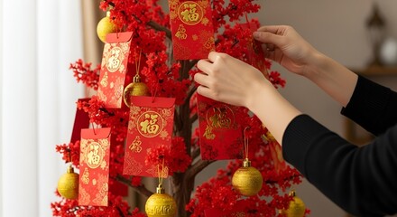 Decorating a vibrant red tree with lucky red envelopes and golden ornaments, symbolizing good fortune and prosperity for the Lunar New Year celebration