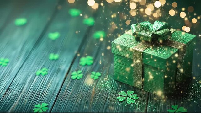 Green gift box and shamrocks celebrating saint patrick's day on wooden table