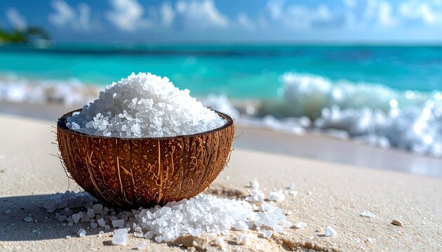 Coconut shell bowl filled with white sea salt crystals on tropical beach with turquoise ocean background for spa wellness and natural skincare products