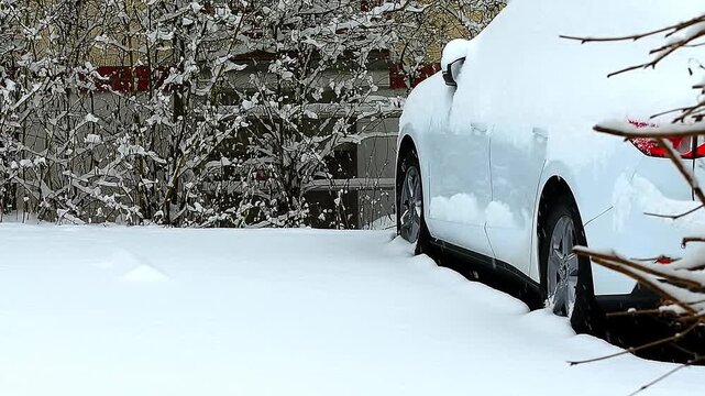 The car is parked in the parking lot under the snow.