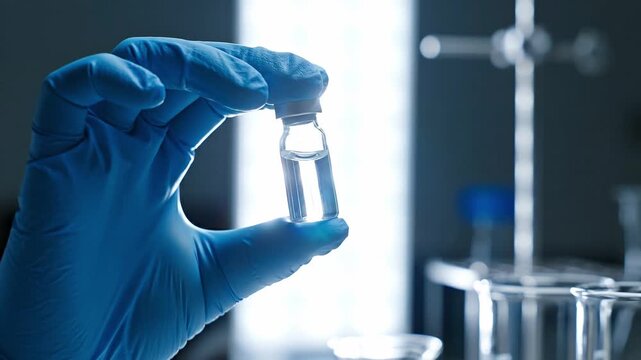 mRNA Vaccine Development concept. Laboratory hand holding a vial in a scientific environment.