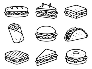 Hand drawn line art fast food icon set featuring popular quick meals and sandwiches for restaurant menus and food-related designs
