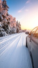 Winter Road Trip - Car Driving Through Snowy Landscape at Sunset.