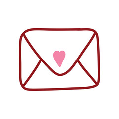 Closed letter icon with a heart. Flat, hand-drawn style. Thin outline. Element for Valentine's Day.