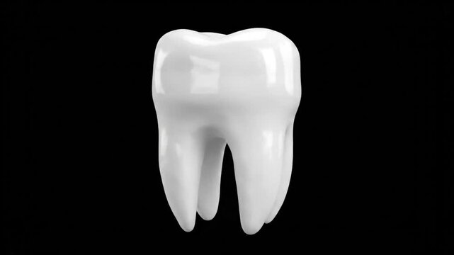 Clean white molar tooth rotates on black background, dental care concept, tooth health animated footage