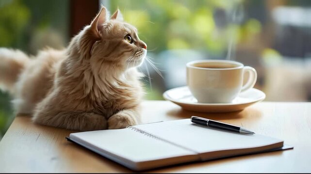 Ginger cat relaxing near coffee cup and open notebook on table