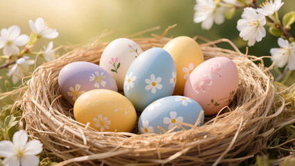 Colorful Easter eggs with floral patterns arranged in a straw nest outdoors. Springtime festive decoration with blooming tree branches.