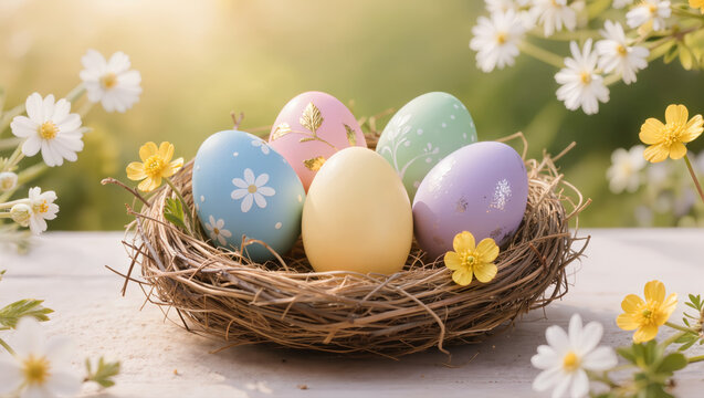 Decorated pastel Easter eggs in a natural straw nest with spring flowers outdoors. Bright and cheerful holiday concept in nature setting.