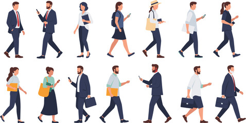 Obraz premium People Walking with Smartphones Vector Illustration Set Featuring Business and Casual Characters in Side View for Urban Life, Communication, and Modern Lifestyle Designs