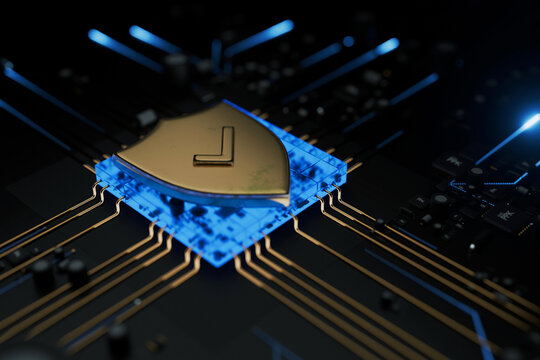 Close-up of a secure processor with a golden crest. Symbolic representation of encrypted hardware, motherboard protection, and defense against hacking and data breaches.