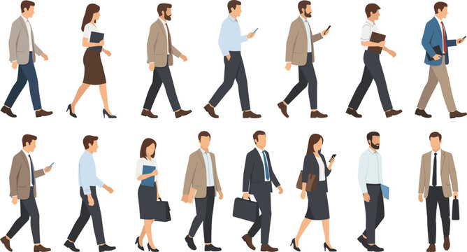 Business People Walking Vector Illustration Set with Professional Office Workers in Side View Poses for Corporate Design, Urban Lifestyle Graphics, and Workplace Concepts