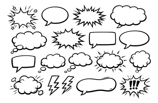 Hand drawn comic style speech bubble set featuring various blank thought clouds, explosion bursts, and lightning bolt symbols for communication and design projects