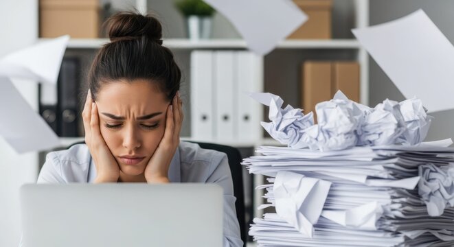 Overwhelmed with tasks: A professional woman struggles under the weight of excessive workload, office, capturing the pressures of modern professional life.