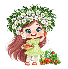 Cute cartoon girl with long hair wearing a large flower wreath holds a bowl of ripe strawberries